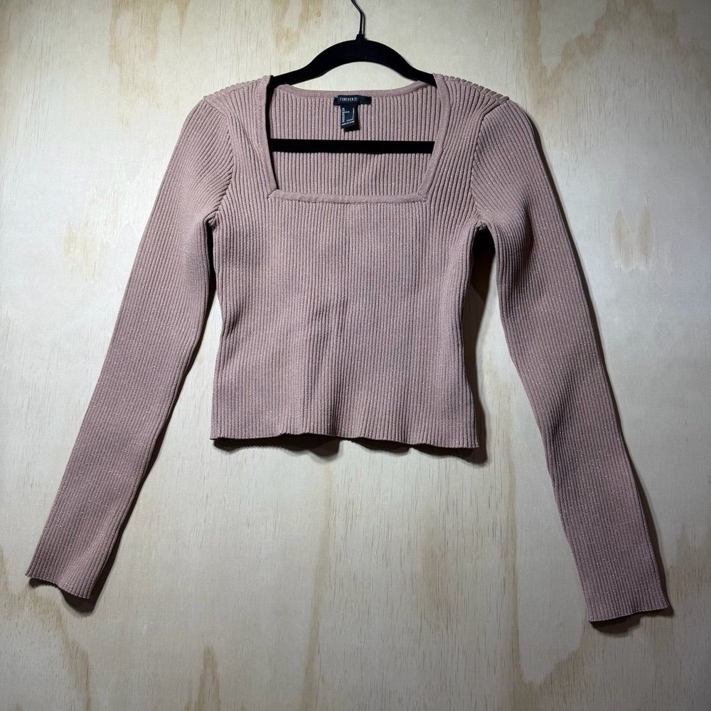 Forever 21 Women’s Ribbed Square Neck Long Sleeve Shimmer Top – Size L